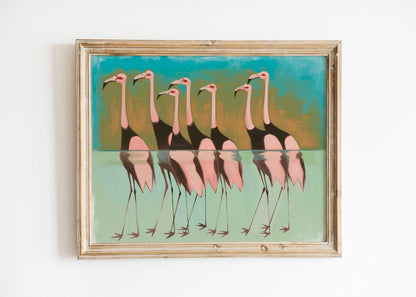 Japanese Flamingo Bird Art, Vintage Traditional and Abstract Styles, Blue Background Statement Wall Print