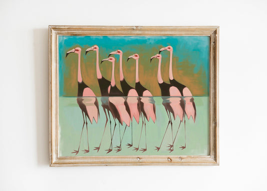 Japanese Flamingo Bird Art, Vintage Traditional and Abstract Styles, Blue Background Statement Wall Print