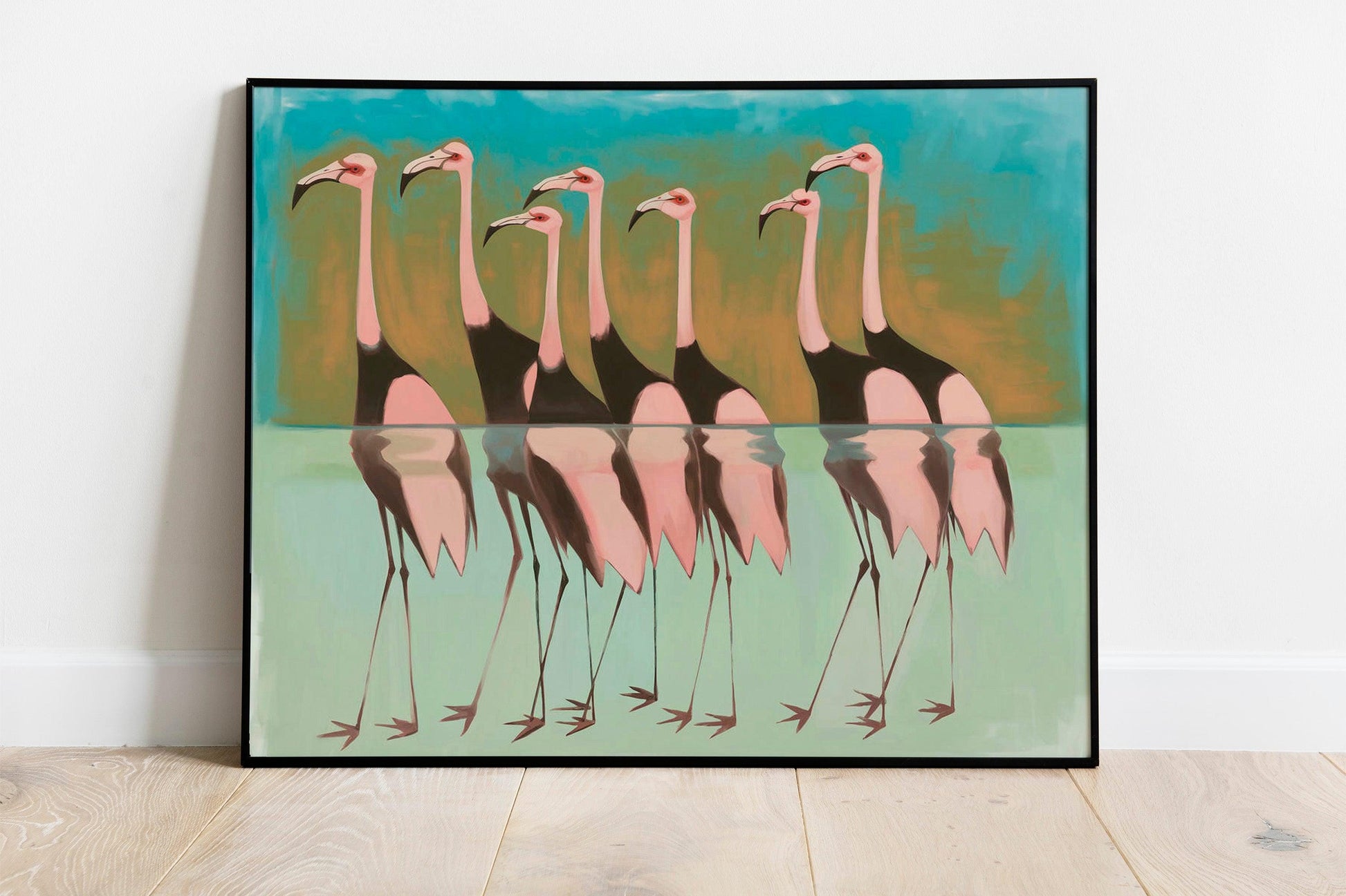 Japanese Flamingo Bird Art, Vintage Traditional and Abstract Styles, Blue Background Statement Wall Print