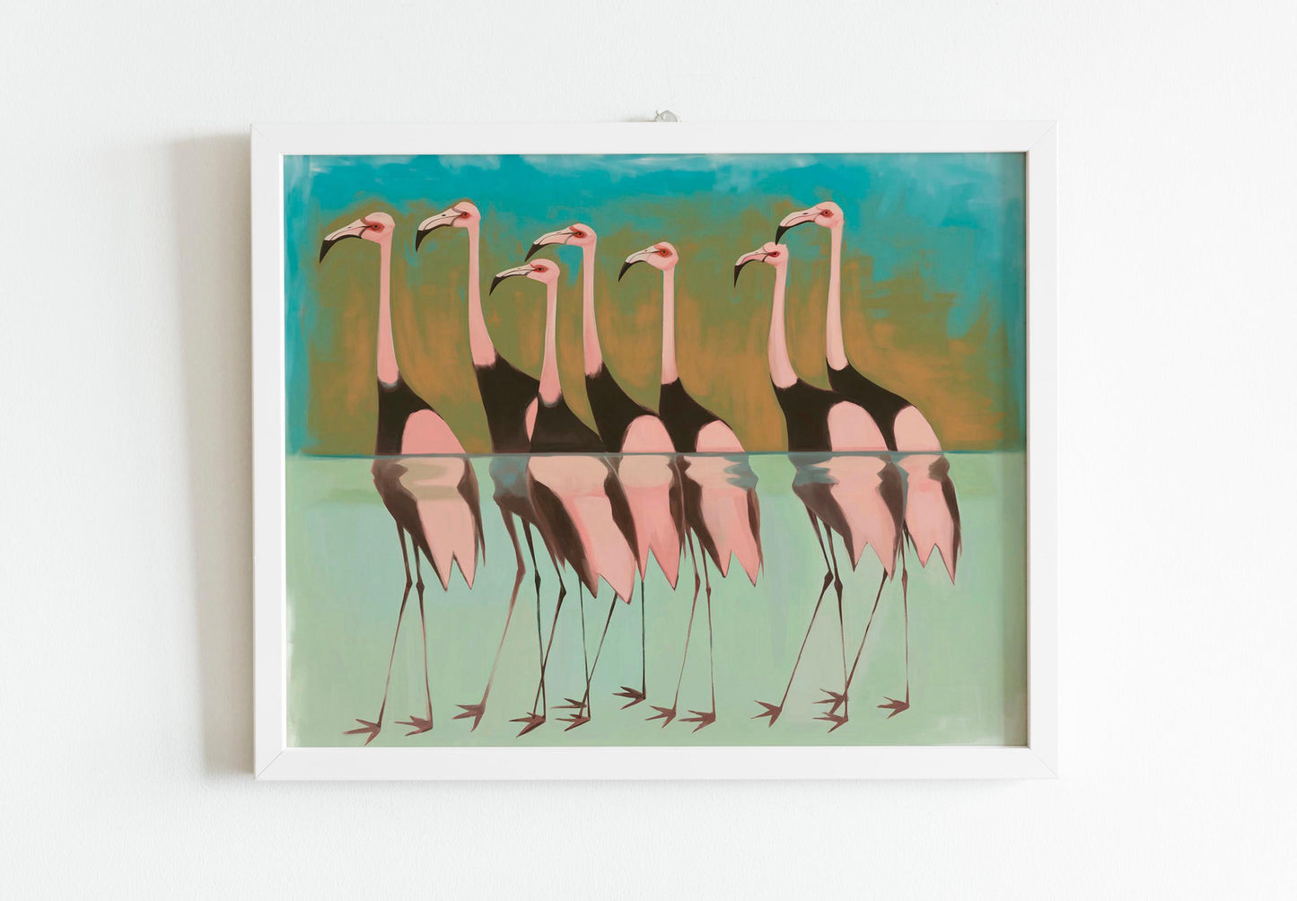 Japanese Flamingo Bird Art, Vintage Traditional and Abstract Styles, Blue Background Statement Wall Print