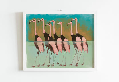 Japanese Flamingo Bird Art, Vintage Traditional and Abstract Styles, Blue Background Statement Wall Print