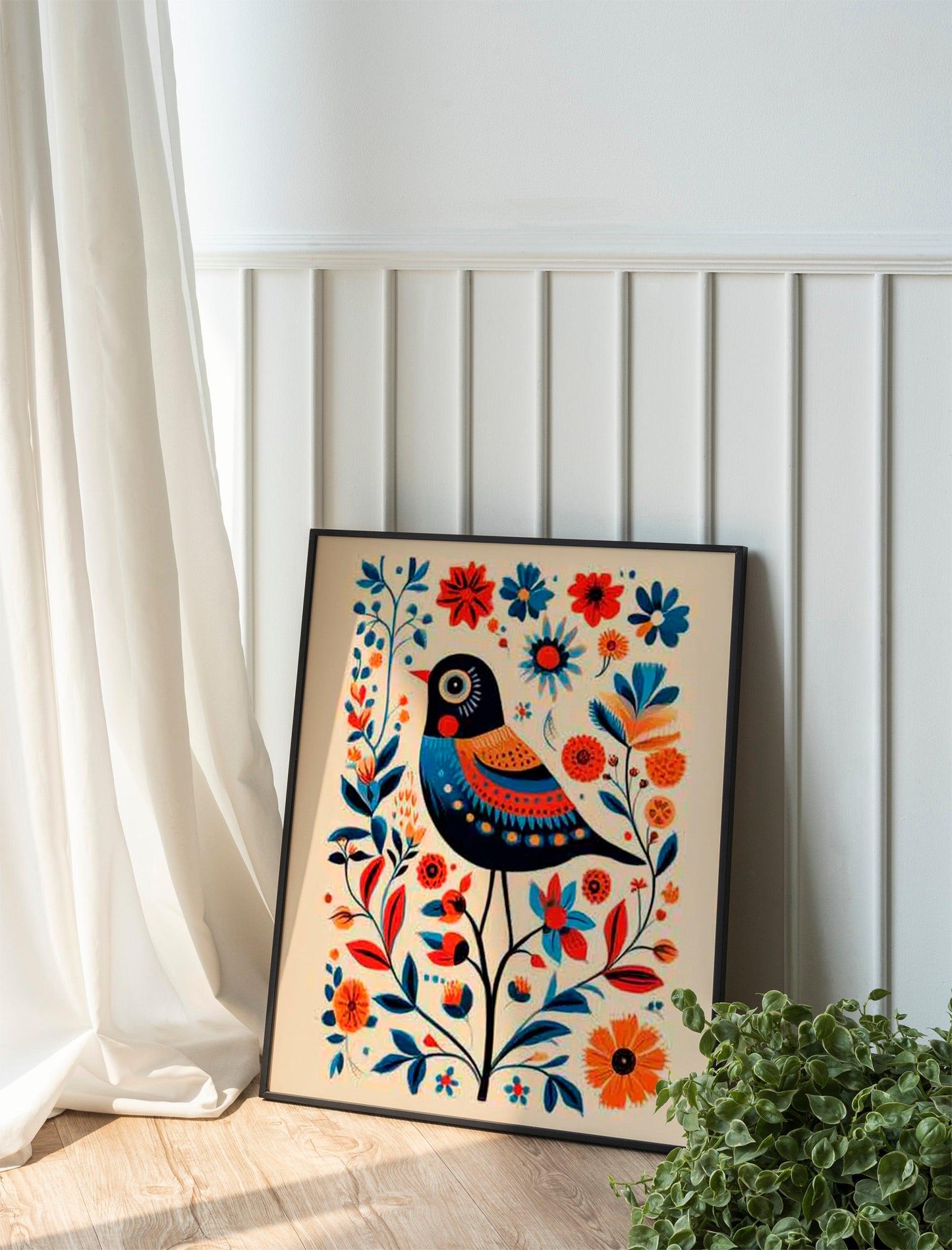 Scandinavian Folk Art Prints, Set of 2 Nordic Bird and Floral Posters, Bedroom or Cafe Wall Decor.