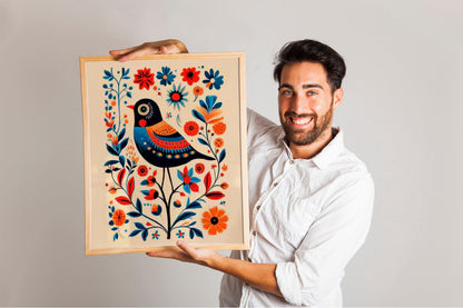 Scandinavian Folk Art Prints, Set of 2 Nordic Bird and Floral Posters, Bedroom or Cafe Wall Decor.