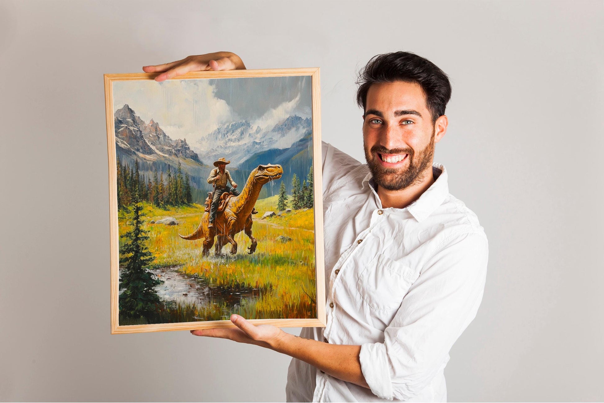 Vintage Dinosaur Cowboy Art, Western Jurassic Painting, Funny Gift Print, Dinosaur Oil Art for Hi