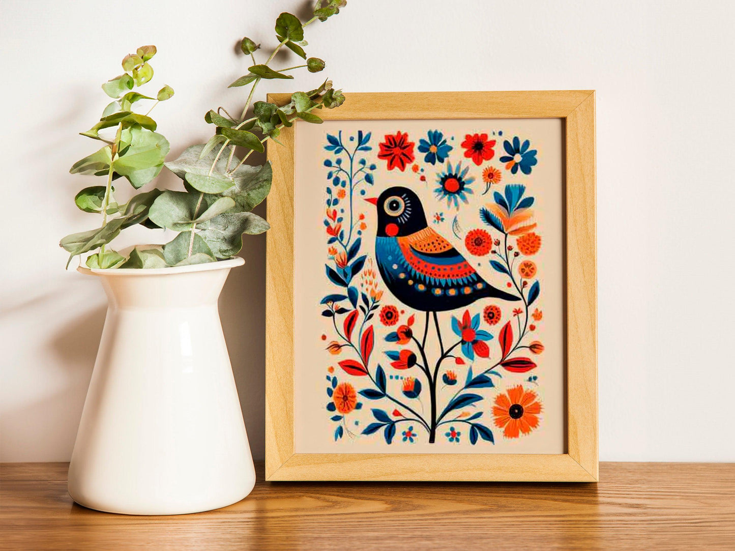 Scandinavian Folk Art Prints, Set of 2 Nordic Bird and Floral Posters, Bedroom or Cafe Wall Decor.