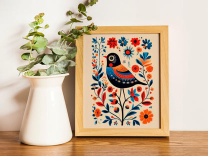 Scandinavian Folk Art Prints, Set of 2 Nordic Bird and Floral Posters, Bedroom or Cafe Wall Decor.