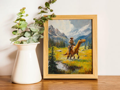 Vintage Dinosaur Cowboy Art, Western Jurassic Painting, Funny Gift Print, Dinosaur Oil Art for Hi