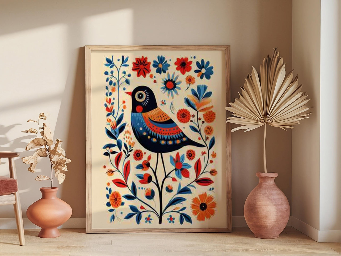 Scandinavian Folk Art Prints, Set of 2 Nordic Bird and Floral Posters, Bedroom or Cafe Wall Decor.