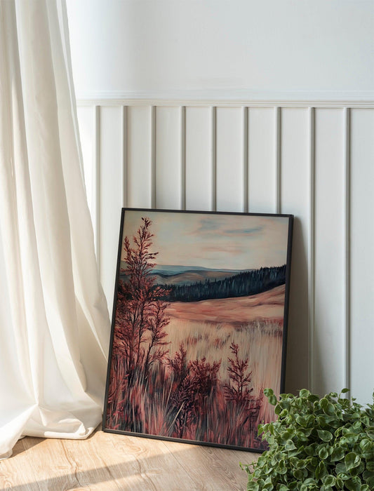 Moody Maroon Wildflower Poster, Vintage Printable Art, Red Pastoral Scene for Home Wall Decor