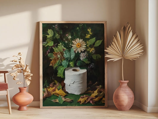 Dark Green Toilet Paper Wall Decor, Vintage Wildflower Bathroom Art, Moody Botanical Poster