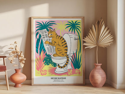 Funny bathroom wall art, Matisse print, Pink dopamine decor, Mid century modern art, Tabby cat on a toilet