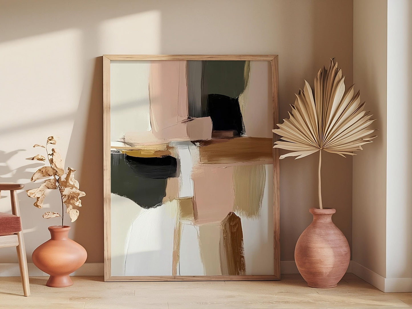 Japandi Abstract Canvas Art, Neutral Blush Pink and Gold Decor, Minimalist Contemporary Wabi-Sabi Print