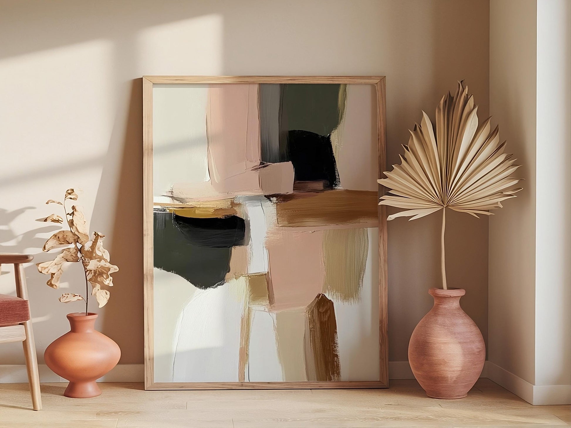 Japandi Abstract Canvas Art, Neutral Blush Pink and Gold Decor, Minimalist Contemporary Wabi-Sabi Print