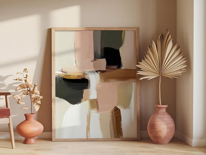 Japandi Abstract Canvas Art, Neutral Blush Pink and Gold Decor, Minimalist Contemporary Wabi-Sabi Print