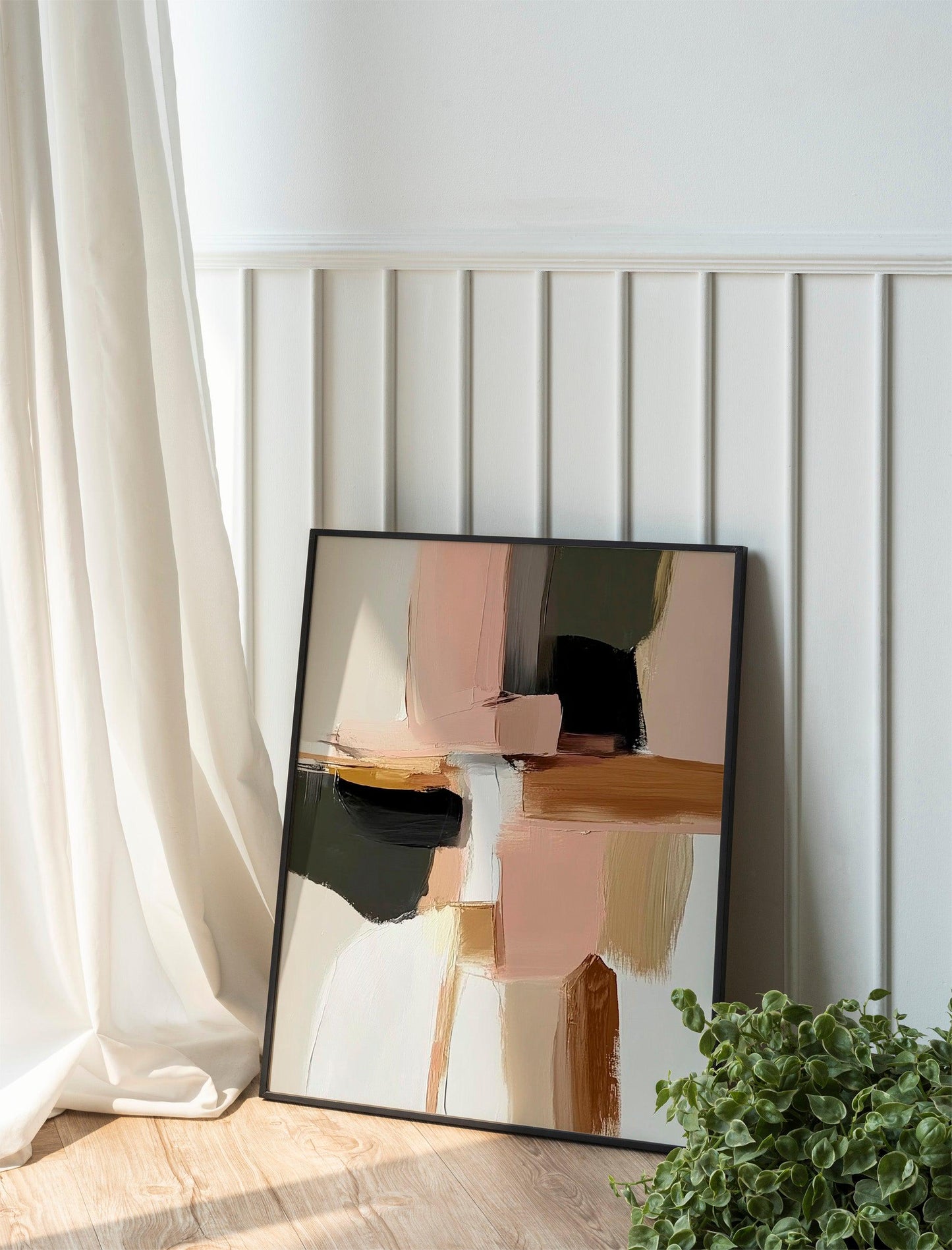 Japandi Abstract Canvas Art, Neutral Blush Pink and Gold Decor, Minimalist Contemporary Wabi-Sabi Print