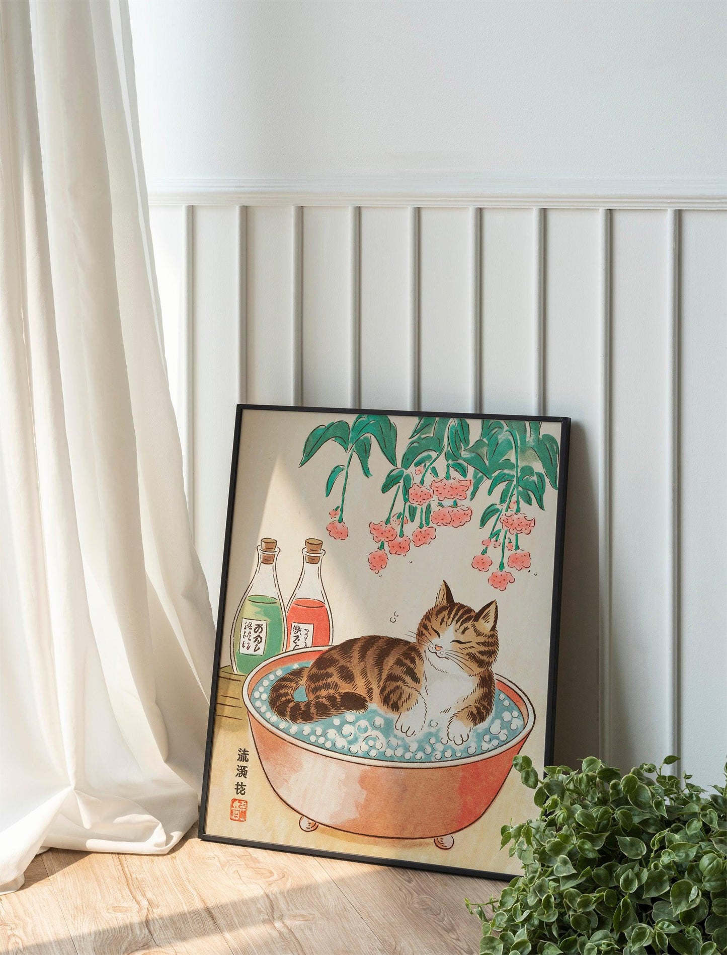 Minimalist Japanese Cat Poster, Tabby Cat in Bathtub, Neutral Bathroom Art for Modern Wall Decor