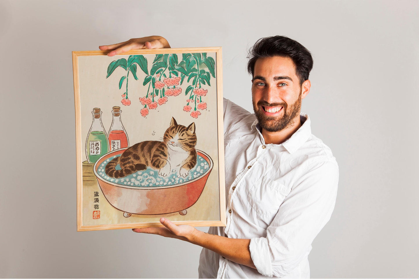 Minimalist Japanese Cat Poster, Tabby Cat in Bathtub, Neutral Bathroom Art for Modern Wall Decor