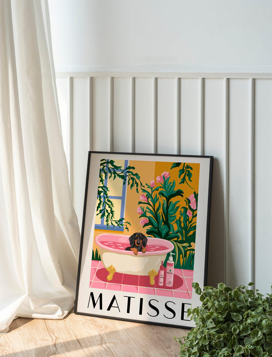 Dachshund in Bathtub Poster, Pink Dog Wall Art, Funny Bathroom Decor, Dopamine Aesthetic MidCentury Print.