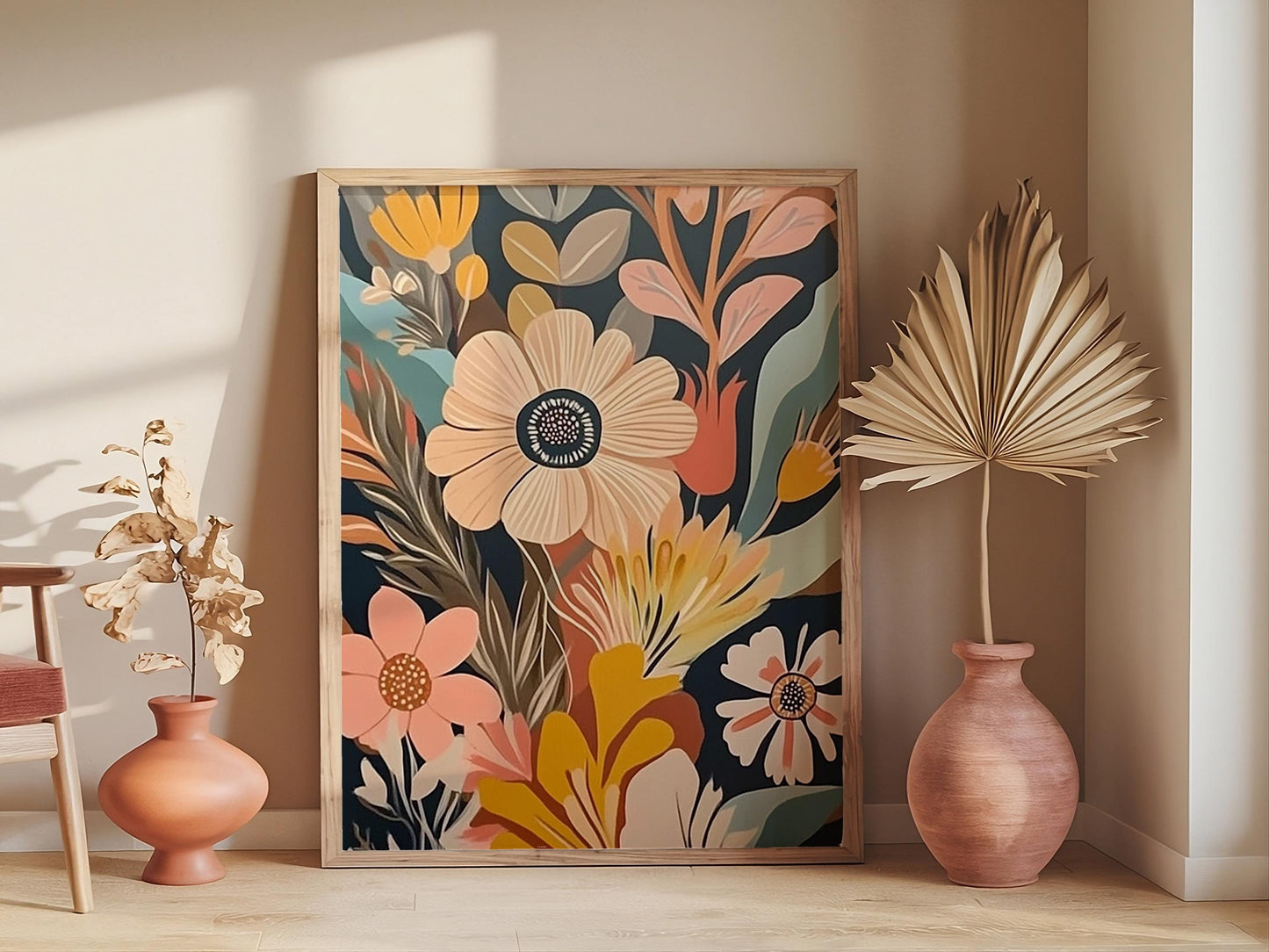 Mid-Century Boho Flowers Prints, modern Decorative Floral Art, Living Room Wall Decor for Home