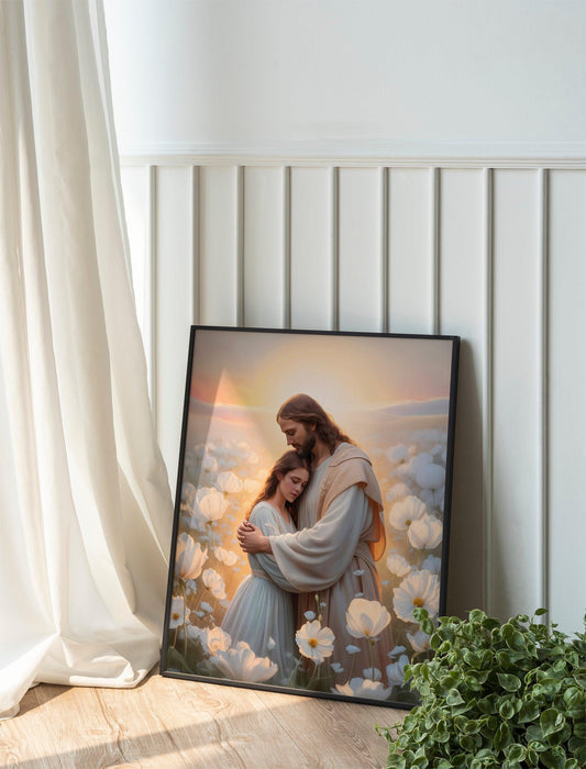 Jesus Hugging Girl Art, Christian Painting, His Love LDS Art, Bible Quote Prints, Woman with Jesus Wall Art
