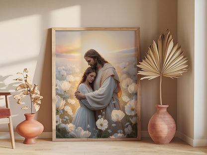 Jesus Hugging Girl Art, Christian Painting, His Love LDS Art, Bible Quote Prints, Woman with Jesus Wall Art