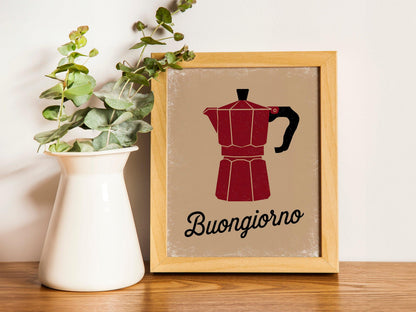 Handdrawn Moka Pot Wall Art, Joyful Coffee Maker Print, Espresso Lover's Poster, Printable Blue Kitchen Decor for Coffee Enthusiasts