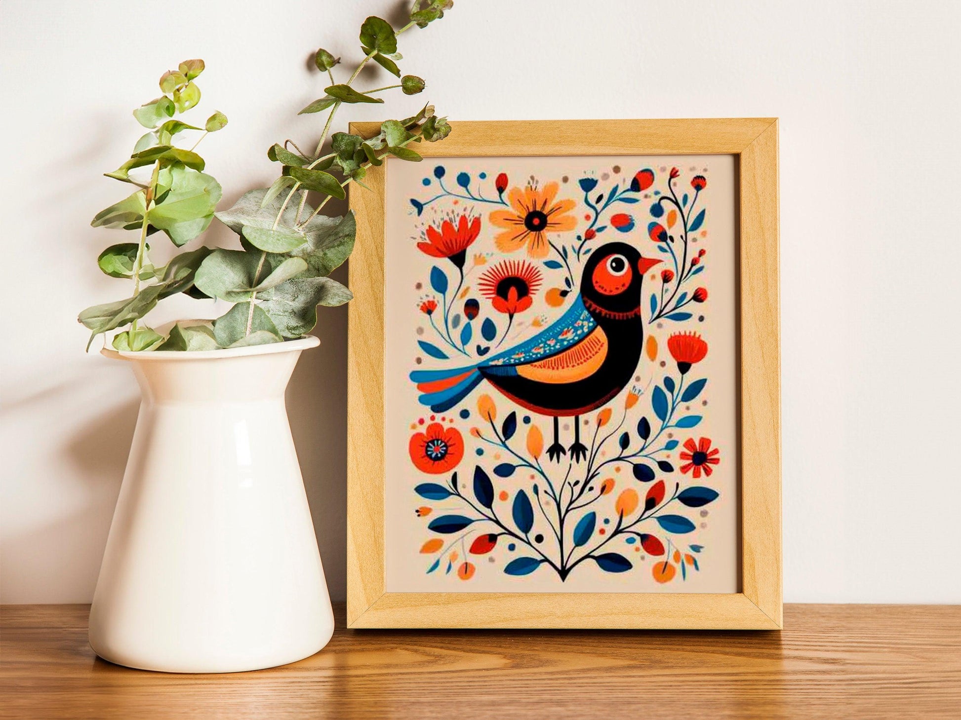 Scandinavian Folk Art Prints, Set of 2 Nordic Bird and Floral Posters, Bedroom or Cafe Wall Decor.