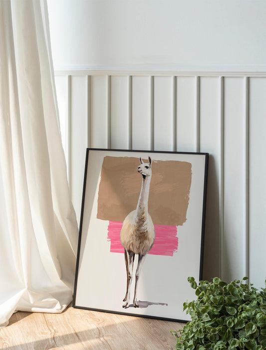 llama Portrait Print, Mustard Color Background Art, Abstract and Realistic Wall Decor Statement