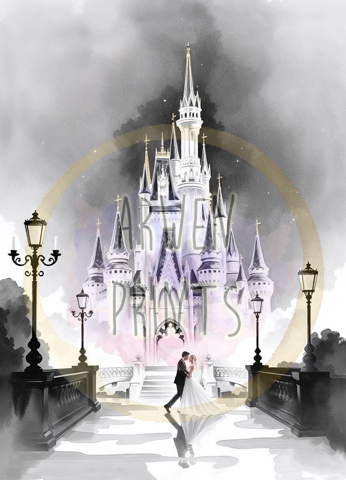 Disney Castle Wedding Print - Cinderella Wedding Castle Art - Elegant Wall Decor - Romantic Wedding Print - Couple’s Gift - Bridal Gift — Disney Wall Art Gift