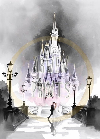 Disney Castle Wedding Print - Cinderella Wedding Castle Art - Elegant Wall Decor - Romantic Wedding Print - Couple’s Gift - Bridal Gift — Disney Wall Art Gift