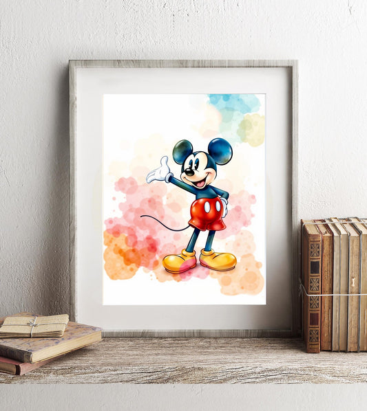 Vintage Mickey Mouse Watercolor Print - Classic Disney Wall Print - Retro Disney Watercolor - Disney Nursery Art - Mickey Mouse Watercolor