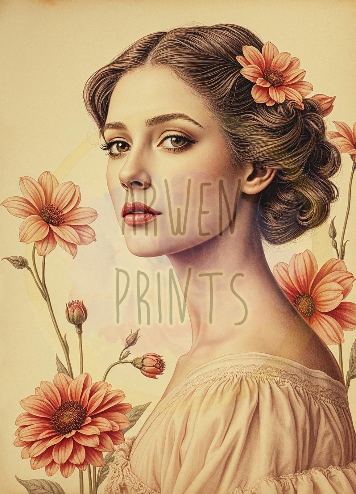 Vintage Floral Portrait Print - Elegant Feminine Wall Art - Romantic Classical Aesthetic - Timeless Beauty Illustration - Vintage Flower Art