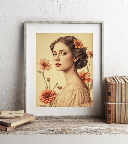 Vintage Floral Portrait Print - Elegant Feminine Wall Art - Romantic Classical Aesthetic - Timeless Beauty Illustration - Vintage Flower Art