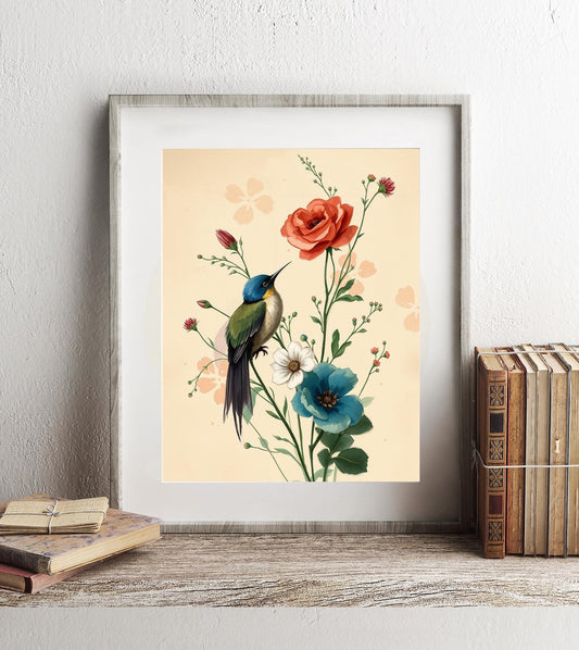 Vintage Bird and Floral Print - Elegant Botanical Wall Art - Hummingbird Art - Cottagecore Aesthetic - Nature Illustration - Vintage Flowers