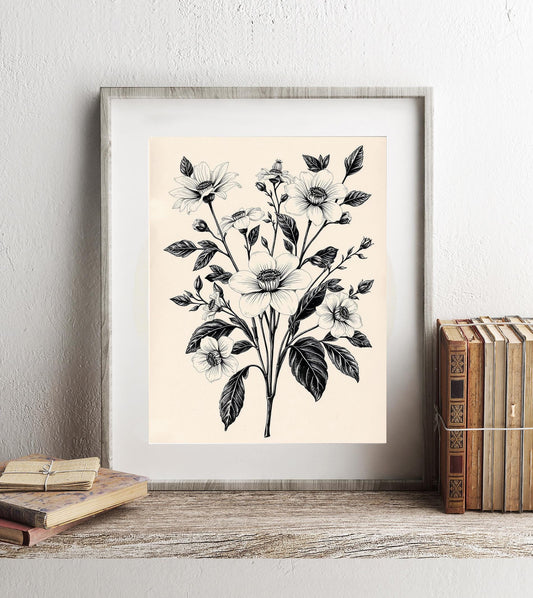 Vintage Black and White Botanical Print - Vintage Floral Ink Drawing - Minimalist Nature Illustration - Elegant Monochrome Wall Art - Flower