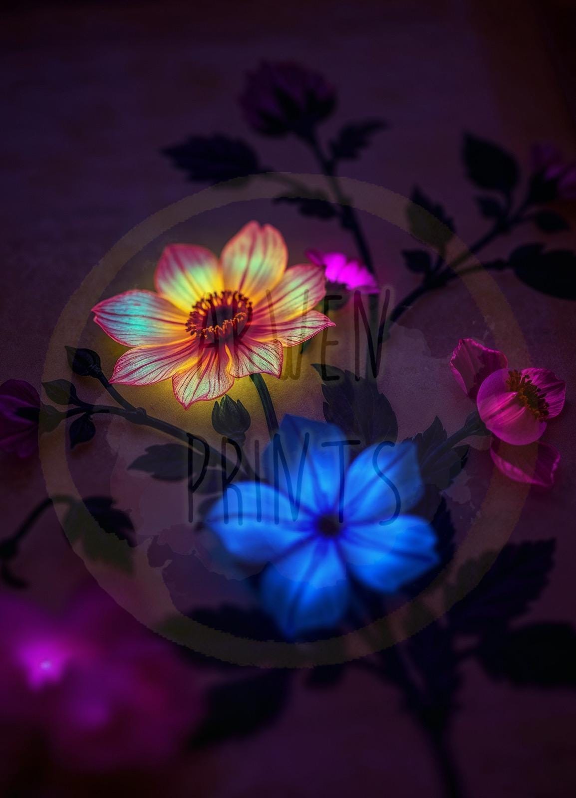 Glowing Neon Floral Art - Dark Aesthetic Flower Print - Vibrant Fantasy Wall Decor - Mystical Botanical Illustration - Flower Wall Art Print