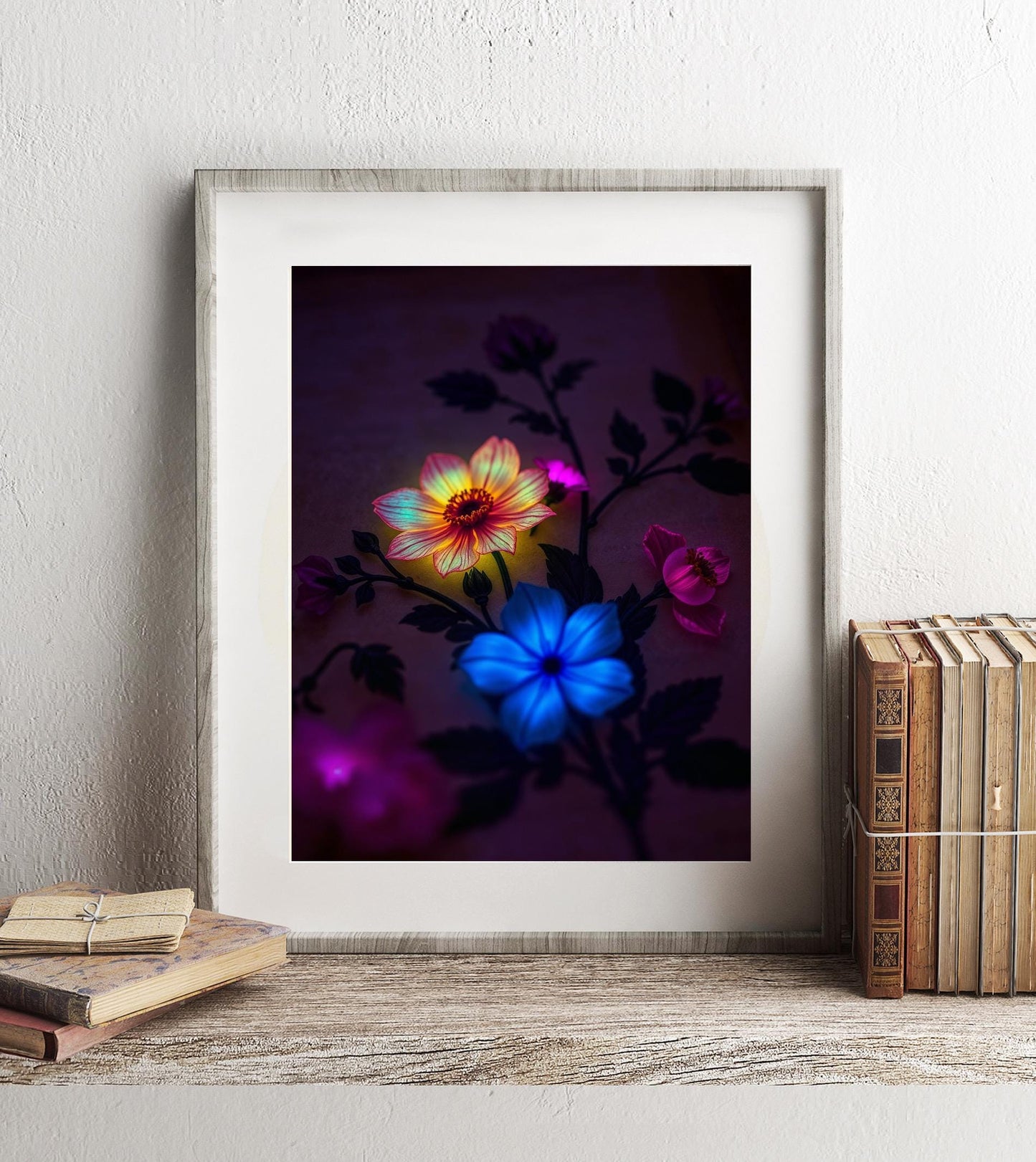 Glowing Neon Floral Art - Dark Aesthetic Flower Print - Vibrant Fantasy Wall Decor - Mystical Botanical Illustration - Flower Wall Art Print