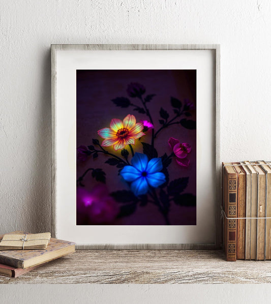 Glowing Neon Floral Art - Dark Aesthetic Flower Print - Vibrant Fantasy Wall Decor - Mystical Botanical Illustration - Flower Wall Art Print