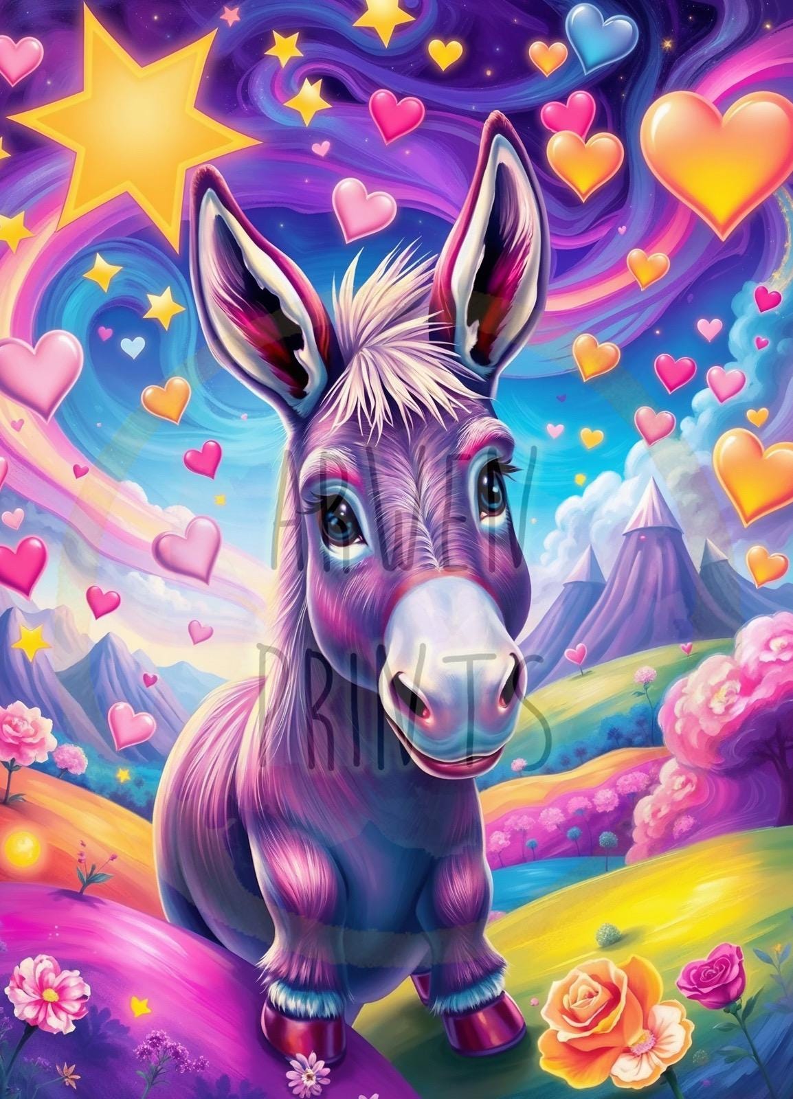 90s Inspired Print - Kawaii Fantasy Donkey Print - Whimsical Cute Animal Art - Dreamy Cosmic Illustration - Vibrant Cute Wall Decor
