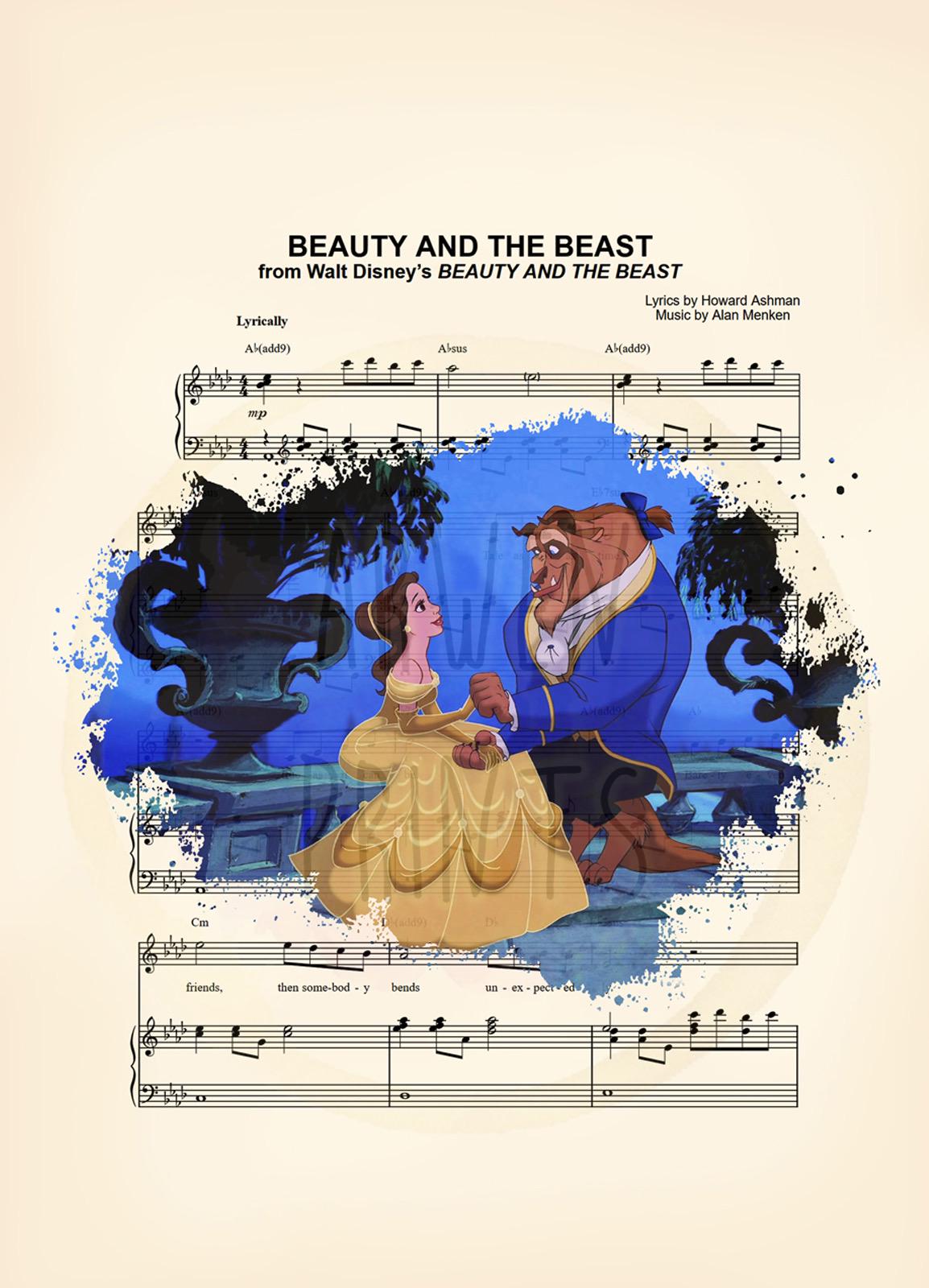 Beauty and the Beast Sitting on Balcony Splatter Sheet Music Art Print