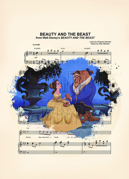 Beauty and the Beast Sitting on Balcony Splatter Sheet Music Art Print