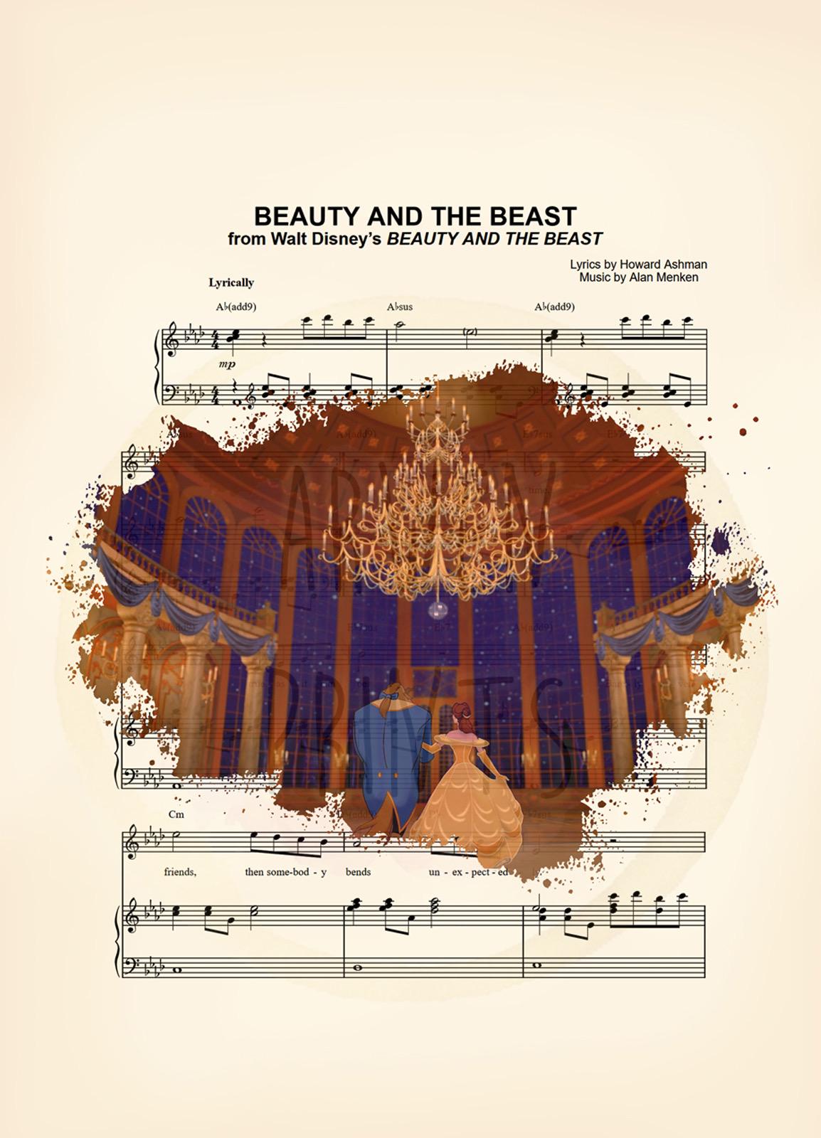 Beauty and the Beast Dancing in the Ballroom Splatter Tale As Old As Time Sheet Music Art Print