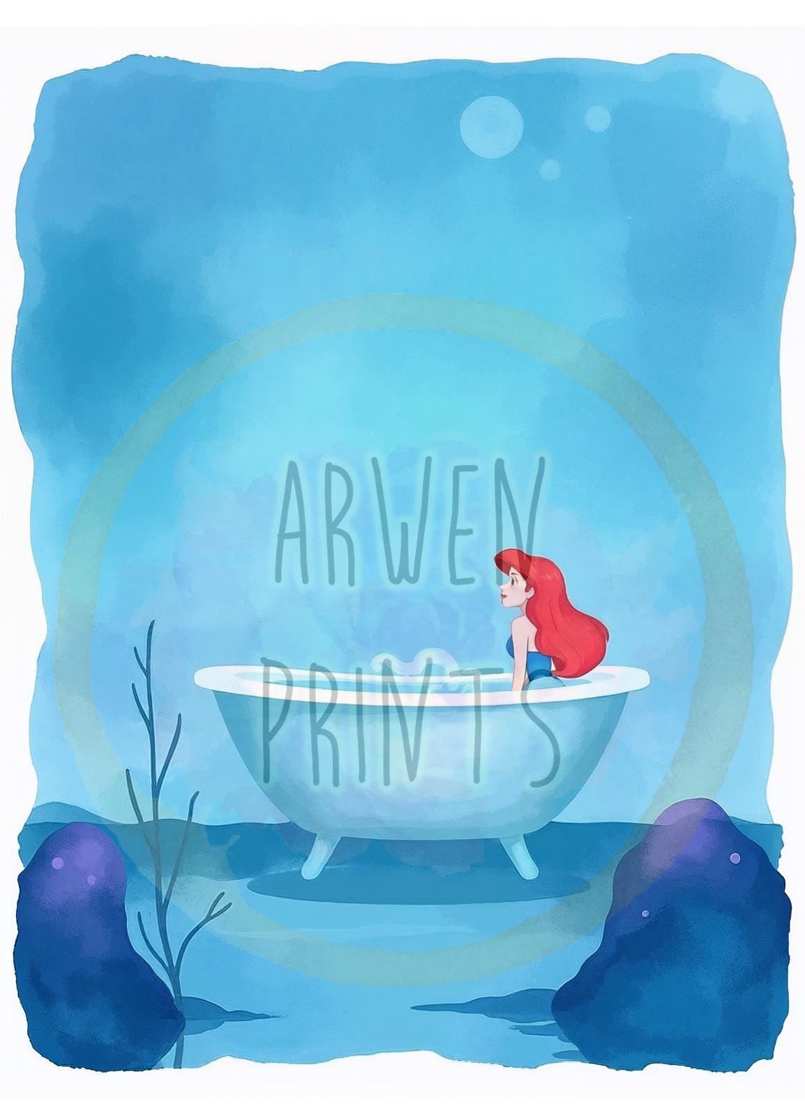 Little Mermaid Ariel in Bathtub Bathroom Art Print - Disney Bathroom Wall Decor - Cute Bathroom Art - Ariel Bathroom Wall Art - Mermaid Art
