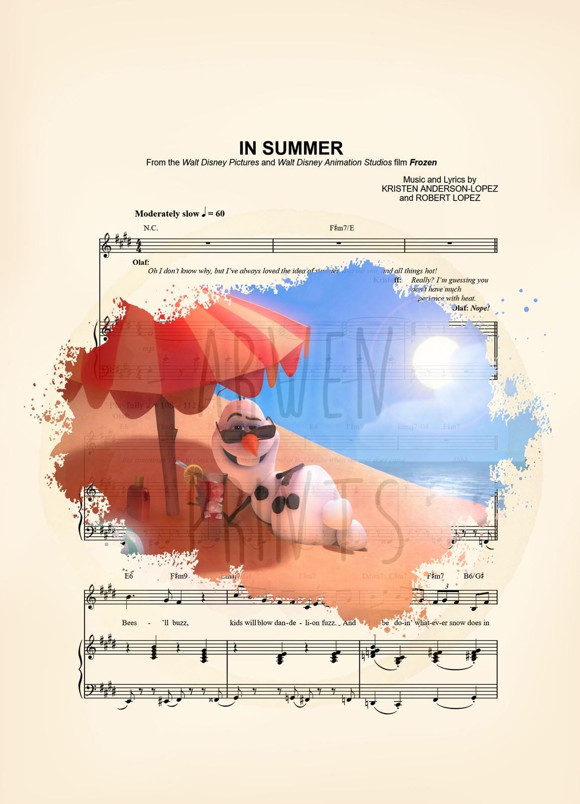 Frozen Olaf In Summer Splatter Sheet Music Art Print