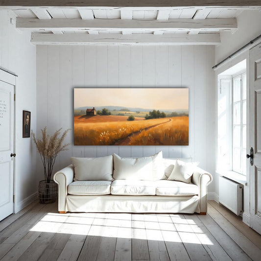 Rustic Countryside Landscape Print - Golden Wheat Field Wall Art, Farmhouse Country Home Decor, Serene Rural Scenic Painting, Cozy Cottage
