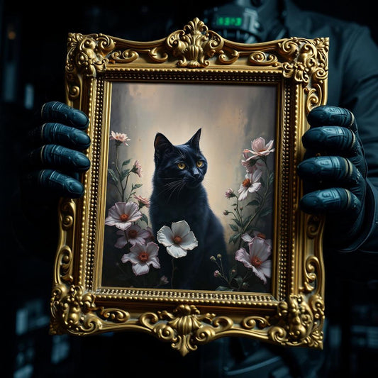 Art Nouveau Black Cat with Japanese Wild Roses - Printable Wall Art For Cat Lovers - Dark Cottagecore - Dark Academia - Botanical Cat Art