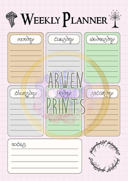 Lord of the Rings Weekly Planner - Digital Weekly Planner - Cool Digital Planner - Tolkien Themed Planner - Weekly Planner Instant Download