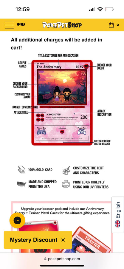 Custom Pixel Art Love Card - Personalized Anniversary Gift - Gamer Couple Gift - Retro Video Game Style Trading Card - Valentine’s Gift