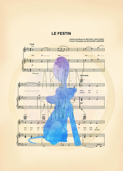 Ratatouille Remy Watercolor Silhouette Pixar Disney Sheet Music Art Print