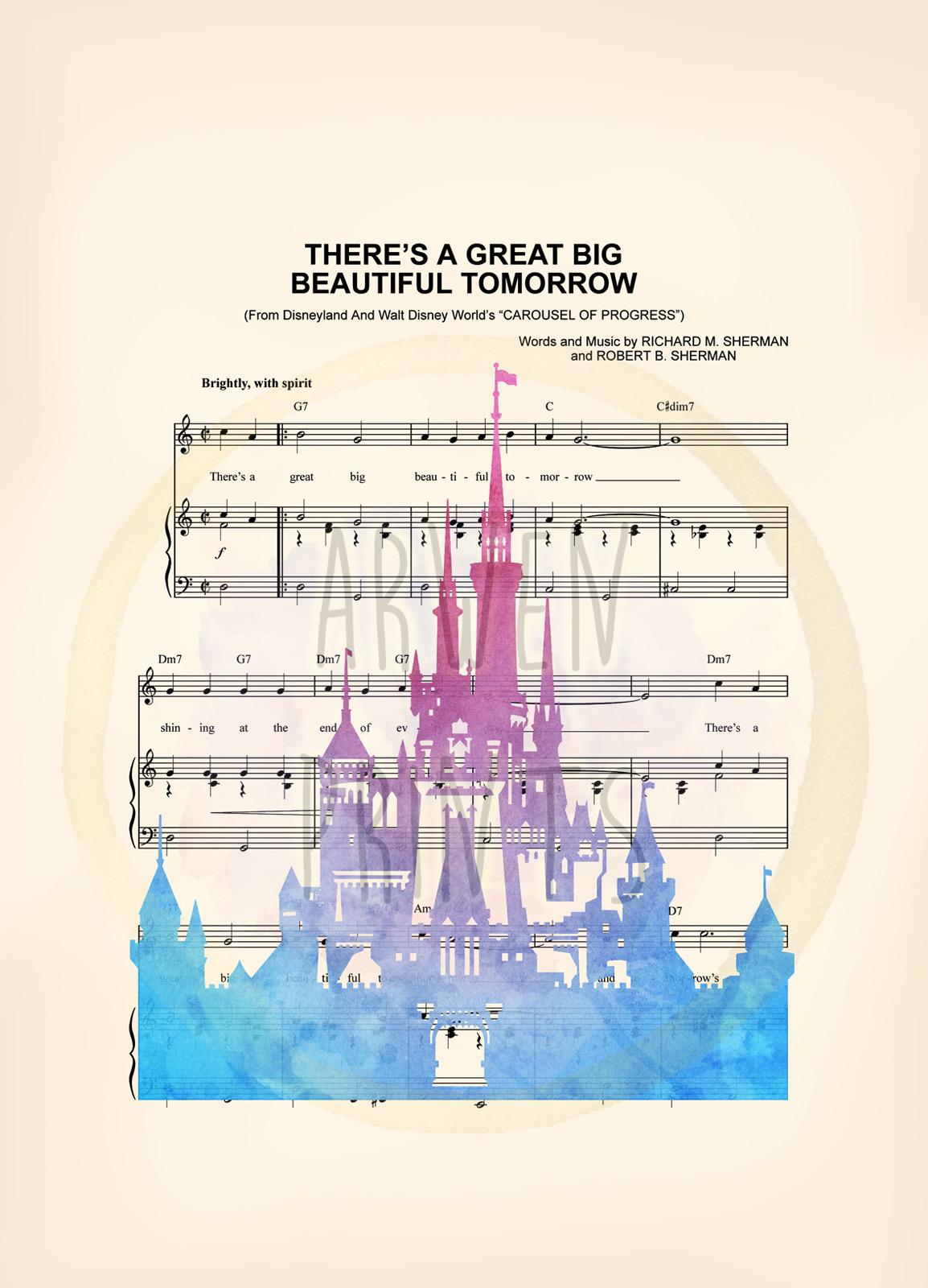 Walt Disney World Watercolor Castle There's A Great Big Beautiful Tomorrow Sheet Music Wall Art — Disney Gift for Music Lovers
